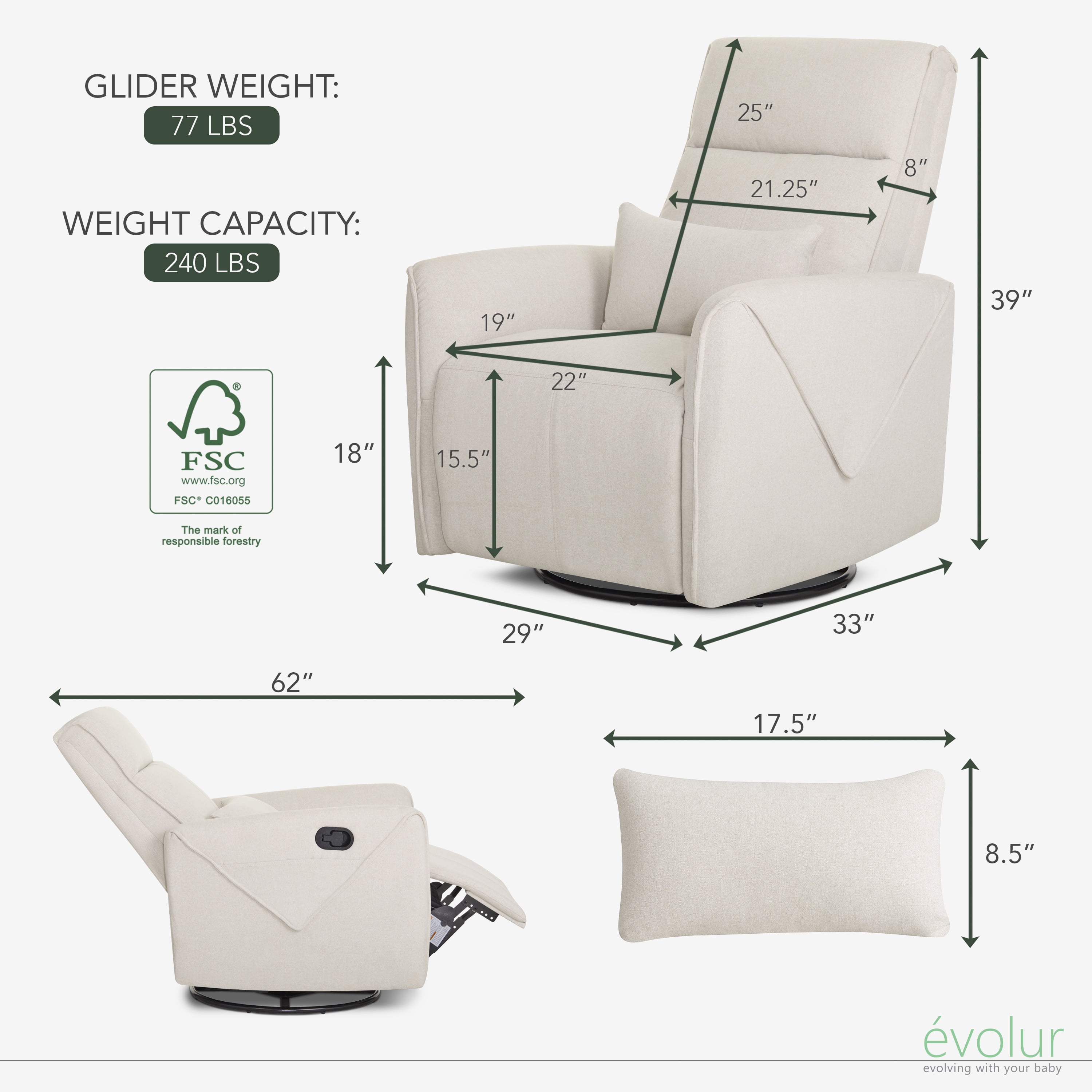 Evolur Slylas Manual Recline Glider, Light Sand