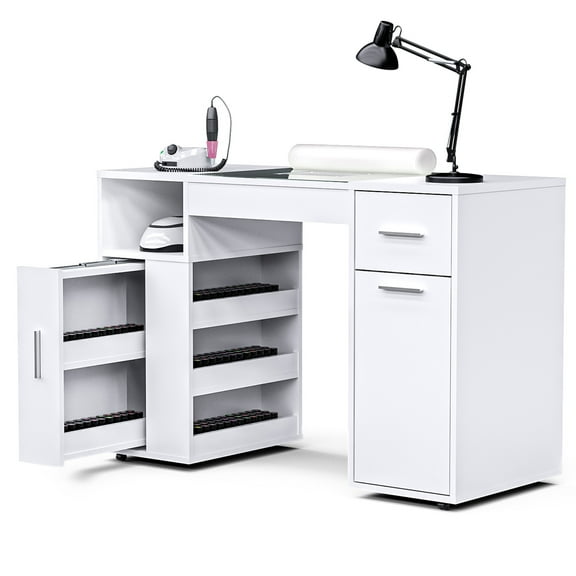 Advwin Manicure Table Nail Desk Station with Dust Collector, Glass Top & Wrist Cushion, Acetone Resistant Nail Table with Wheels & Storage Cabinet