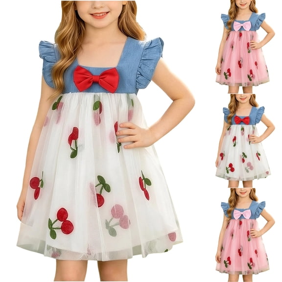HAOTAGS Girls Dresses Ruffles Sleeve Fashionable Smock Neck Summer Denim Dress White Size 18