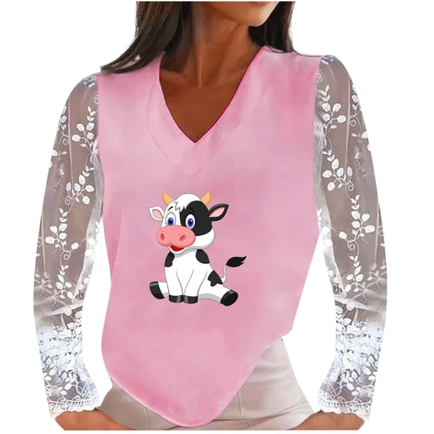 Mujeres Casual Vaca Impreso Cuello en V Encaje Empalme Manga larga Jersey Blusa Camiseta Tops Fridja hkj4249