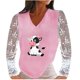 thumbnail image 1 of Mujeres Casual Vaca Impreso Cuello en V Encaje Empalme Manga larga Jersey Blusa Camiseta Tops Fridja  hkj4249, 1 of 5