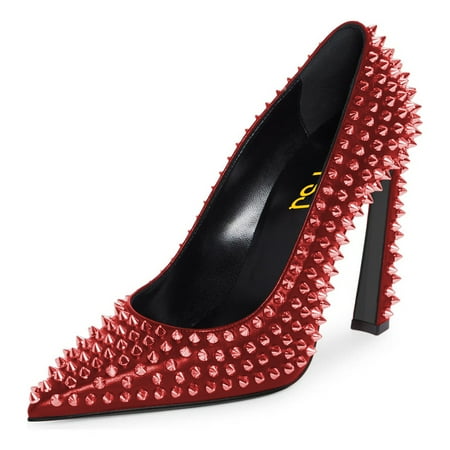 

FSJ Women Classic Pumps Closed Pointed Toe Slim High Heel Fashion Studded Rivets Slip On Cocktail Party Prom Sexy Dress Shoes Size 6.5 Red