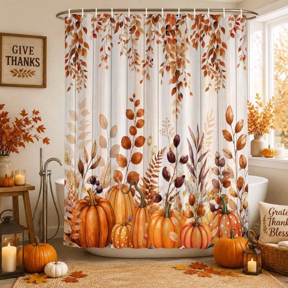 Fall Orange Pumpkins Shower Curtains for Bathroom, Thanksgiving Autumn Vintage Leaves Waterproof Fabric Shower Curtain, Decorative Bathroom Curtain for Bathtub, 72"x84", No Hooks Included