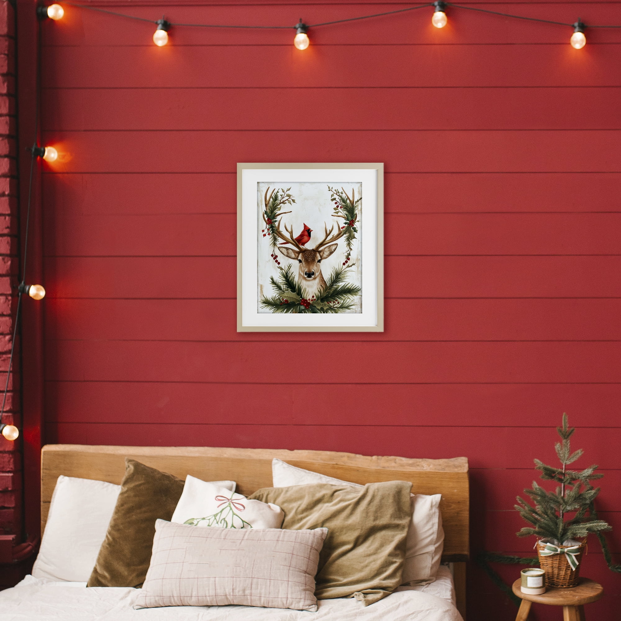 Stupell Industries Cardinal & Deer with Festive Flora Birch Framed Print Under Glass, design by Acorn & Ivory Designs