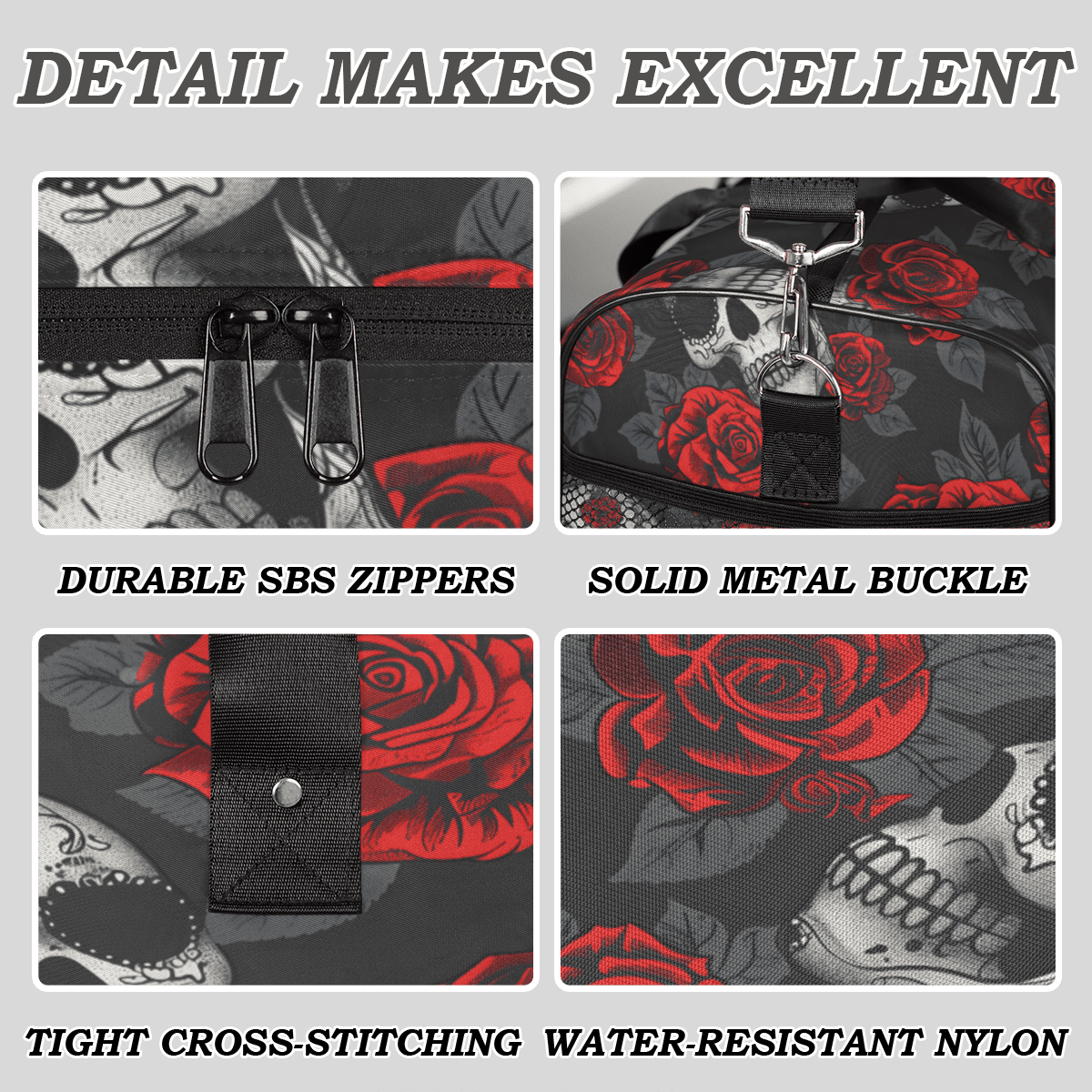Herdesigns Skulls And Roses Gym Duffle Bag for Men Women, Travel Sports Bag Waterproof Lightweight Weekend Carry On Tote