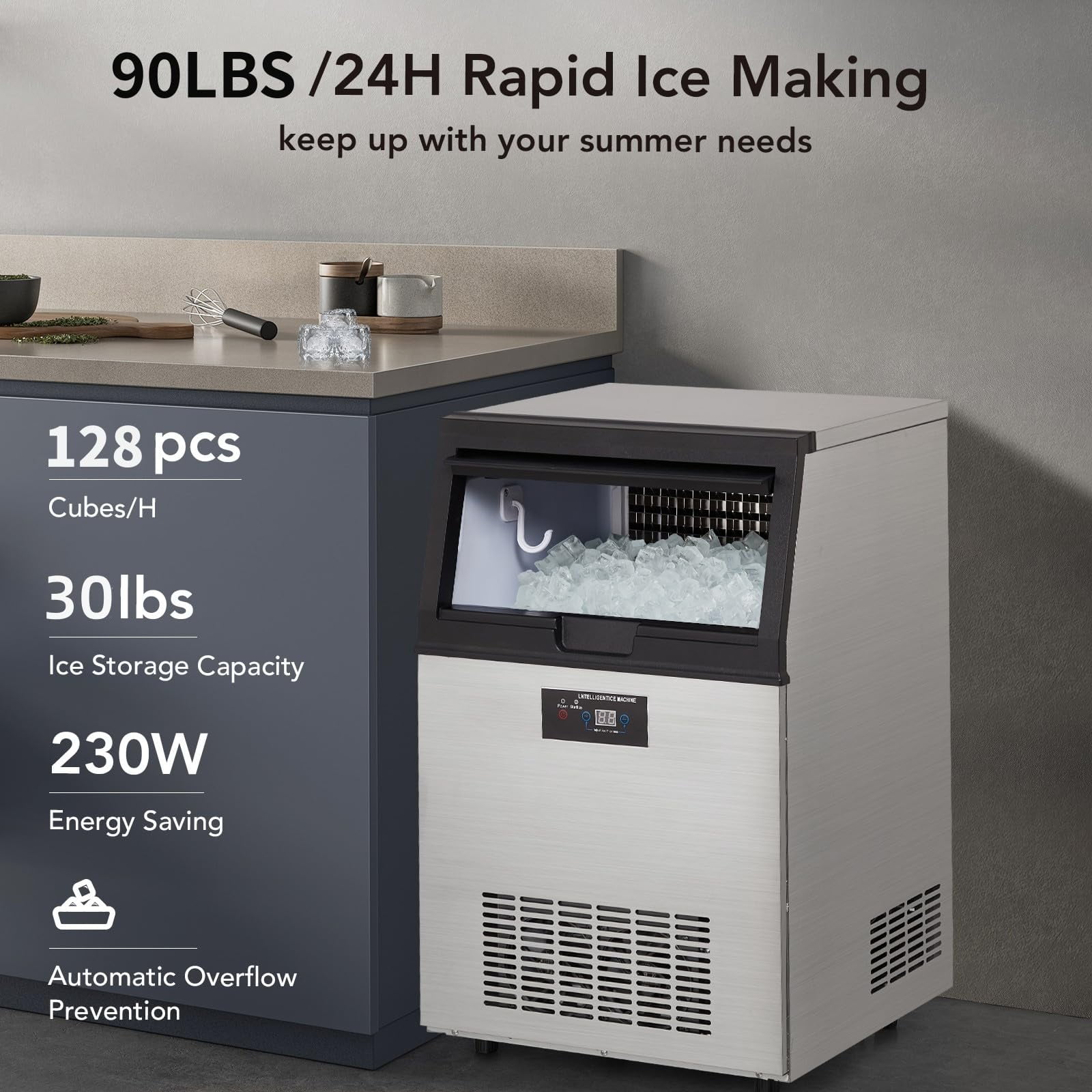 QinaQin Efficient & Reliable Ice Maker Machine – 80lbs/24H High Capacity, 30lbs Storage, Stainless Steel, 32 Cubes per Cycle – Quiet, Self-Cleaning, Adjustable Thickness – Home, Bar, Coffee Shop