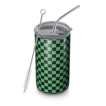 20oz Coffee Tumblers Green and Black Checkerboard Pattern Stainless Steel Vacuum Insulated Travel Tumbler Coffee Cups Mug with Lid and Straw with Cleaning Brush for Cold & Hot Drinks