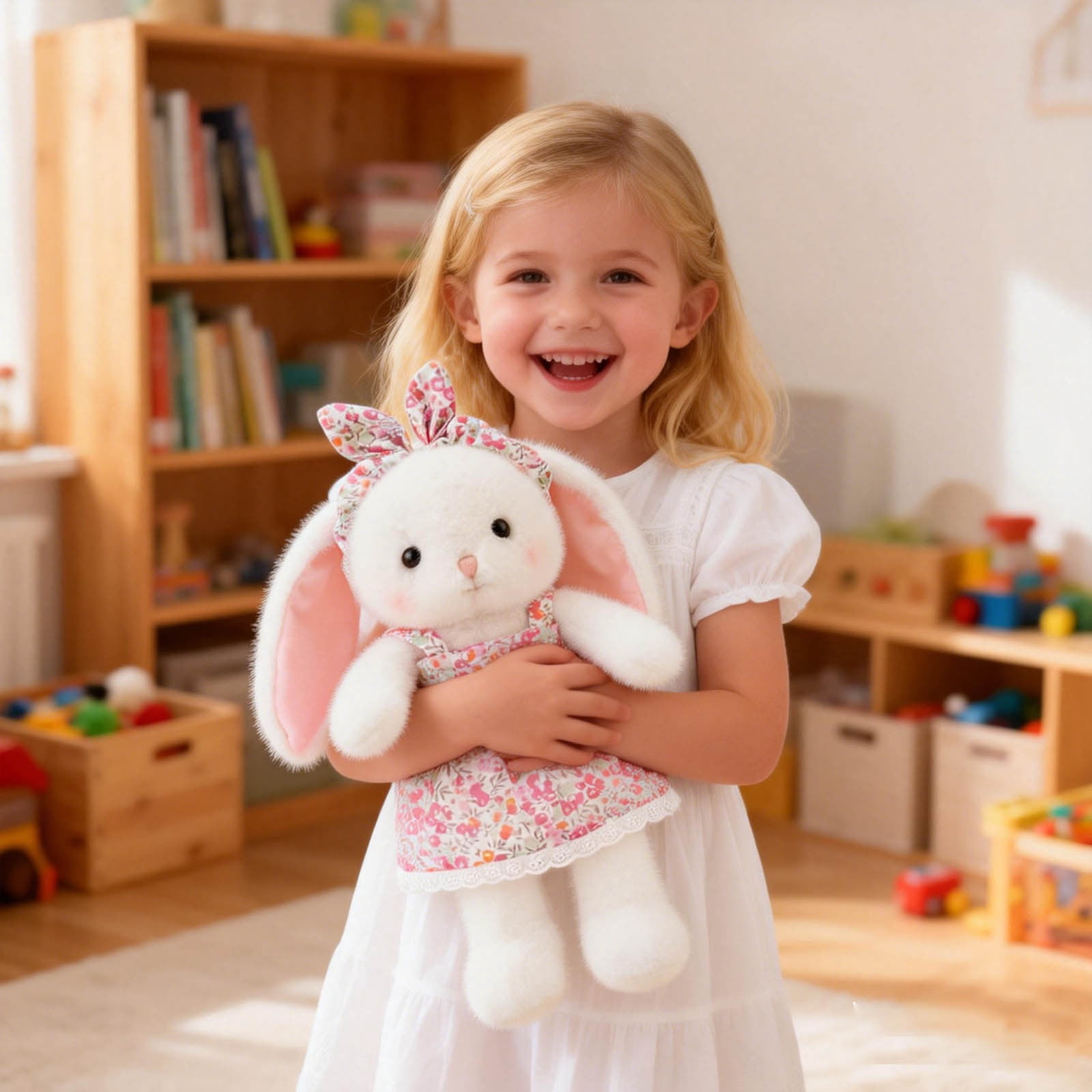 13.8 Inch Cute Floral Bunny Stuffed Animal Soft Washable Plush Toy with Headband & Bows for Easter Birthday Gift for Friends Family White