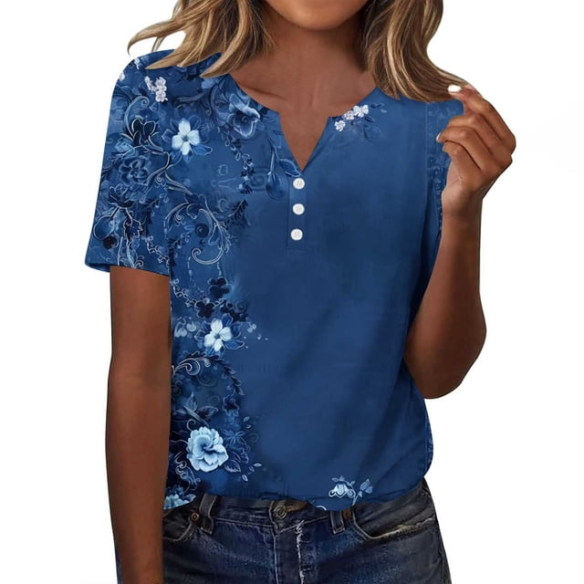 Tops de Manga Corta de las Mujeres Impreso Cuello en V, Suelto Casual Top para el Hogar Y las Actividades Diarias