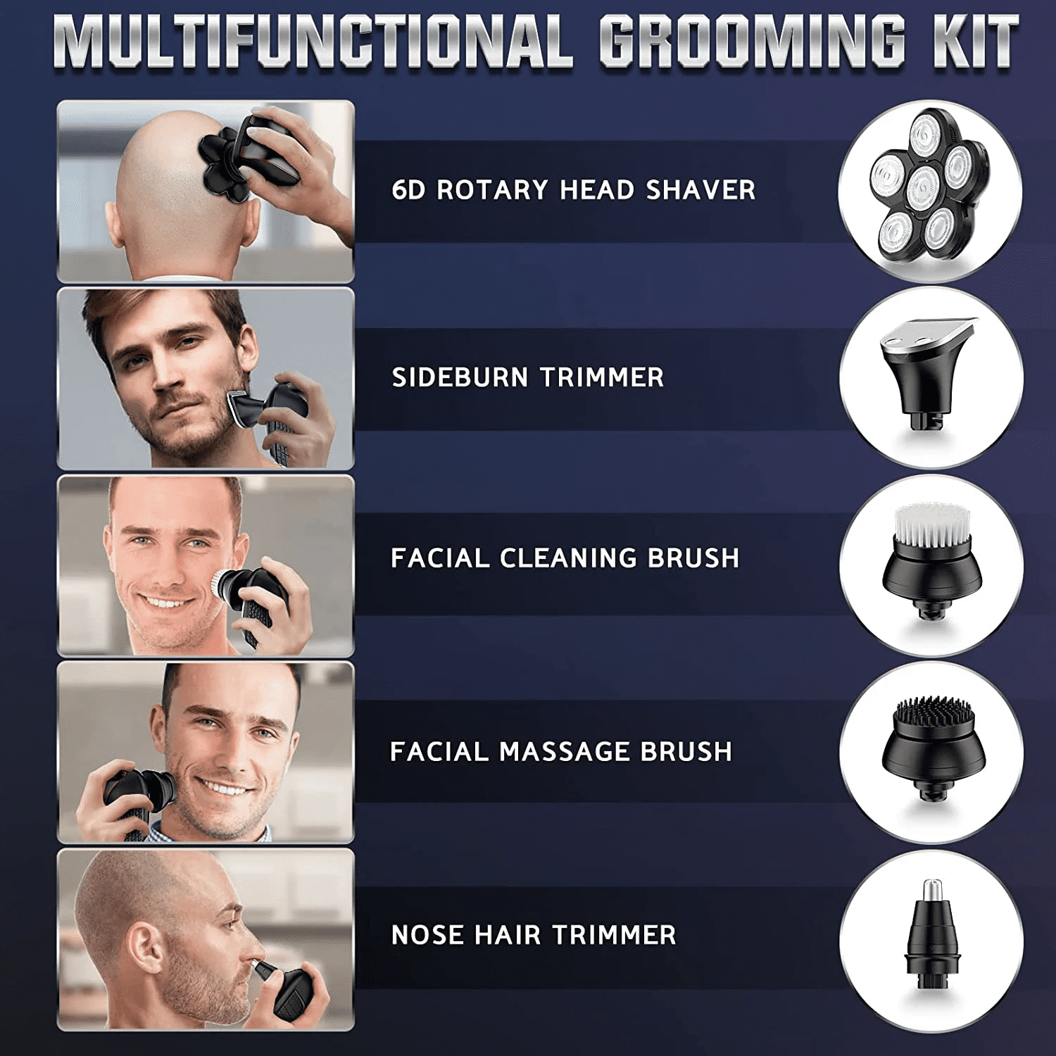 MAX-T 5-in-1 Head Shaver for Bald Men, 6D Floating Heads, Waterproof Wet/Dry Shower Shave, LED Display, 90min Runtime, Grooming Kit, Gift for Men