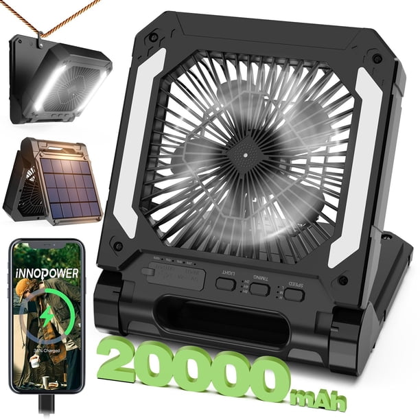Ventilador con energía solar de 20000 mAh, ventilador recargable, ventilador con batería, ventilador portátil con 3 fuertes vientos y banco de energía, ventilador para persona para acampar al aire lib