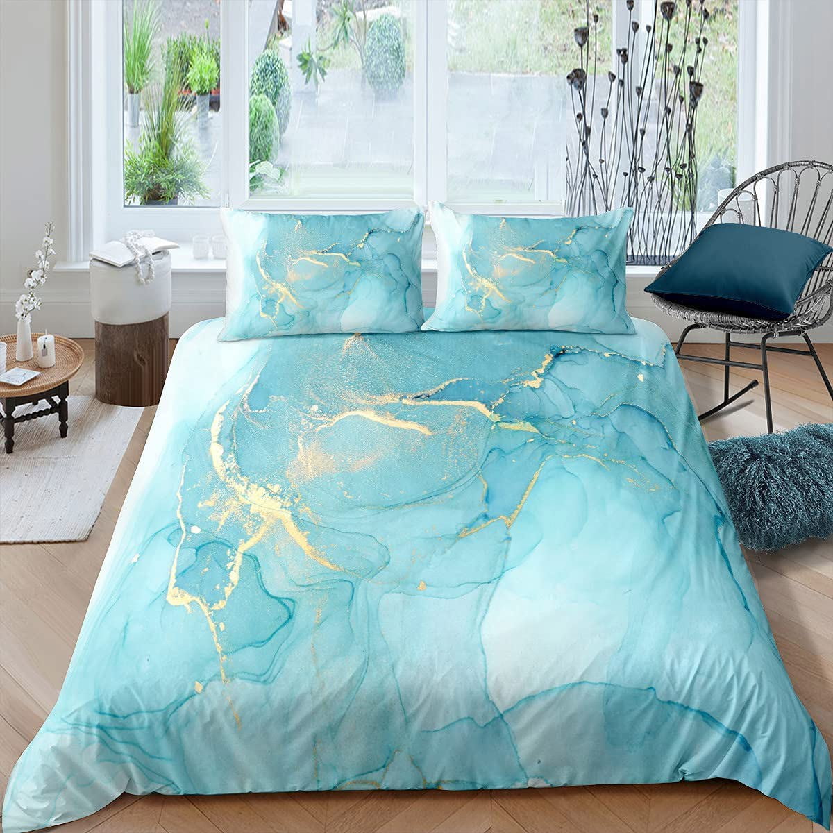 2 Pieces Pure Sky Blue Marble Bedding Set Marbling Twin Duvet Cover for