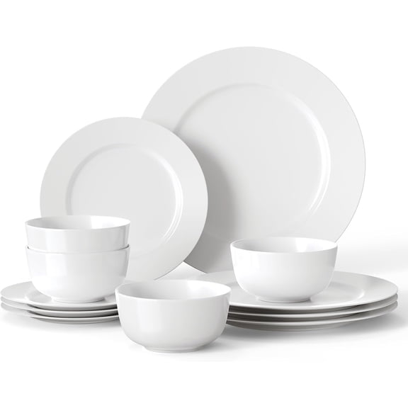 16 count Plates and Bowls Sets, White Porcelain Dinnerware Sets, Ceramic Dishes Set Service for 4, White Kitchen Dinner Dining Ware Set