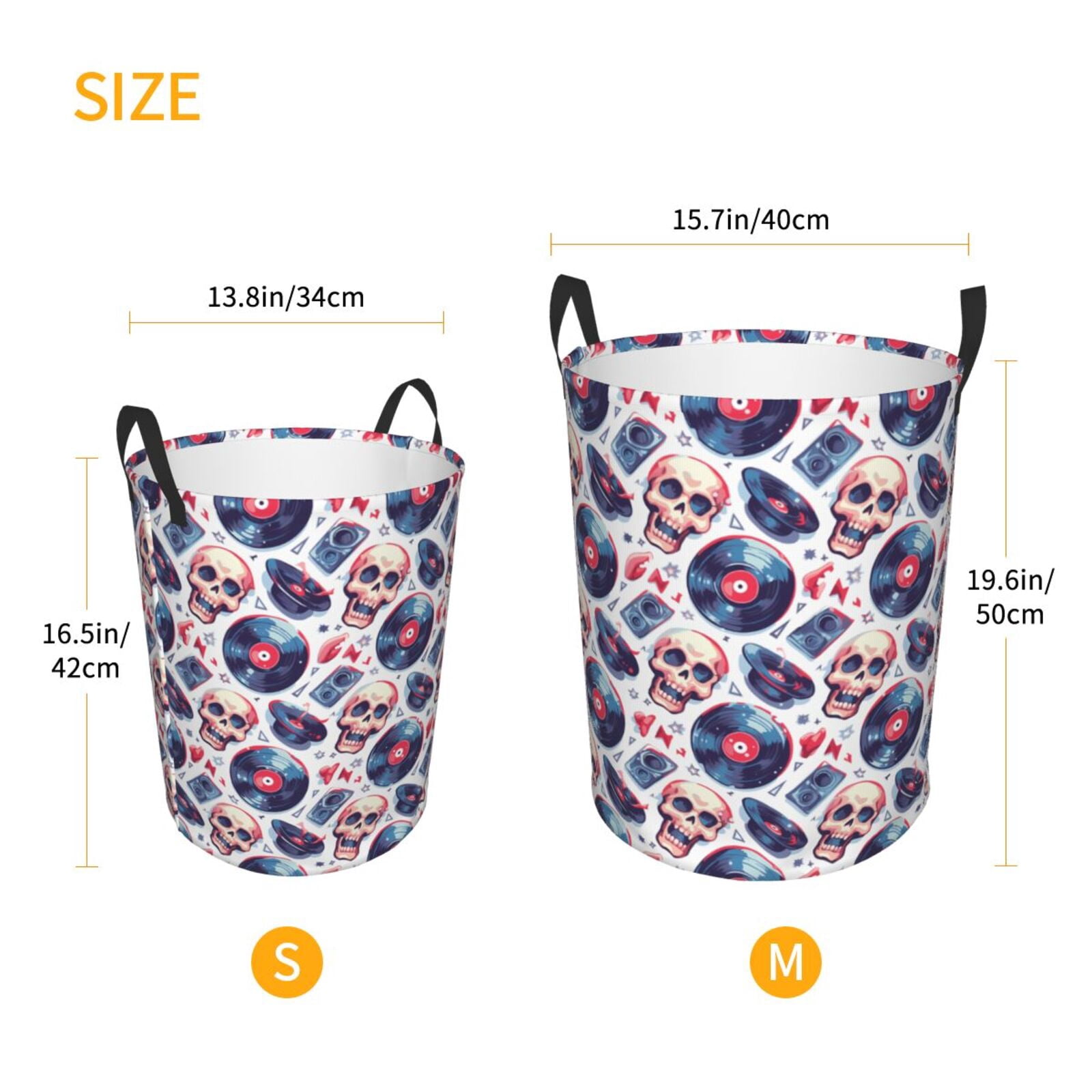 Large Laundry Basket with Handles - record rock music Skull Kids Baby Dirty Clothes Laundry Hamper for Bedroom Aesthetic