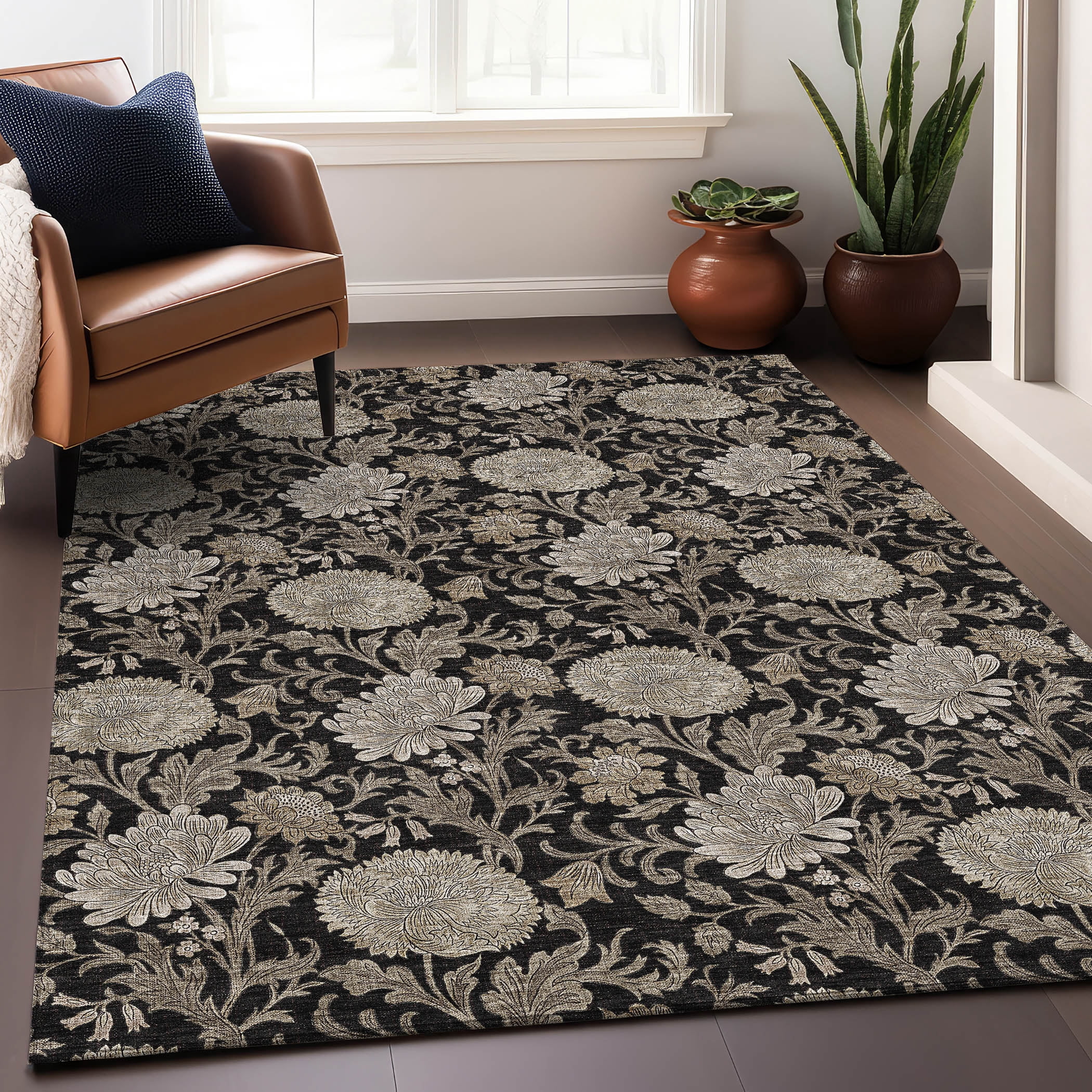 Addison Rugs Mayfield Washable Transitional Floral Black Rectangle Rug, 2'6" x 3'10"