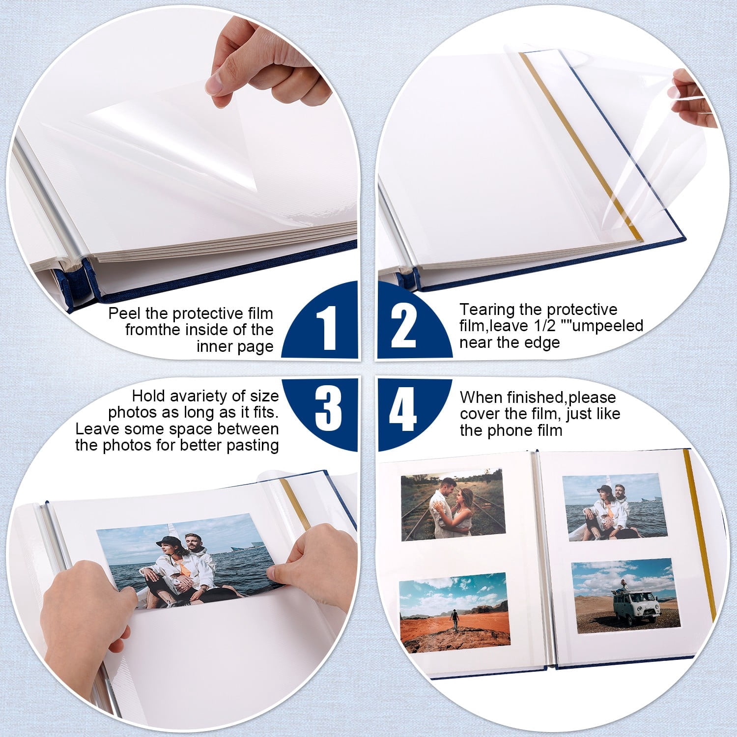 TJT Photo Album for 3x5 4x6 5x7 8x10 Pictures, 40 Pages Large Self Adhesive Pictures Album Birthday Christmas Wedding Anniversary, Linen Blue