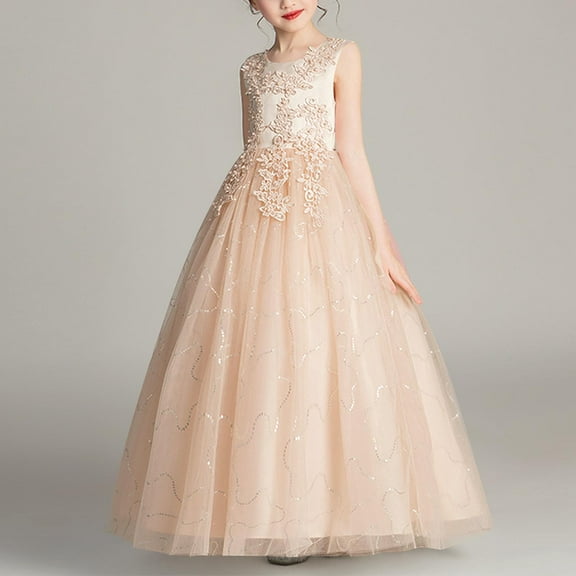 Pejock Girls Summer Dress with Short Sleeve, Ruffled Lace, Round Neck, Embroidery Mesh, Princess Bow Skirt for Ages 4-14 Years