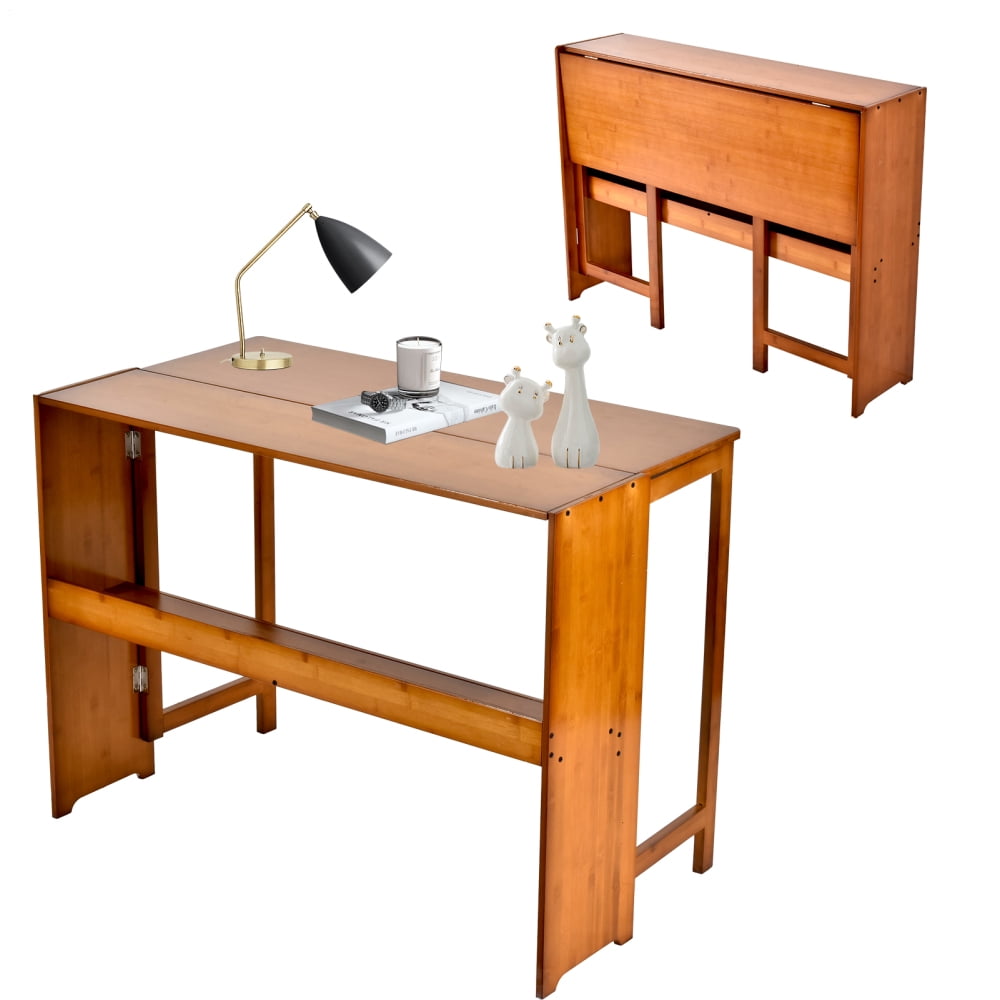 Bamboo Folding Desk, Space-Saving Workstation with Bookshelf for Home Office and Small Apartments (Brown)
