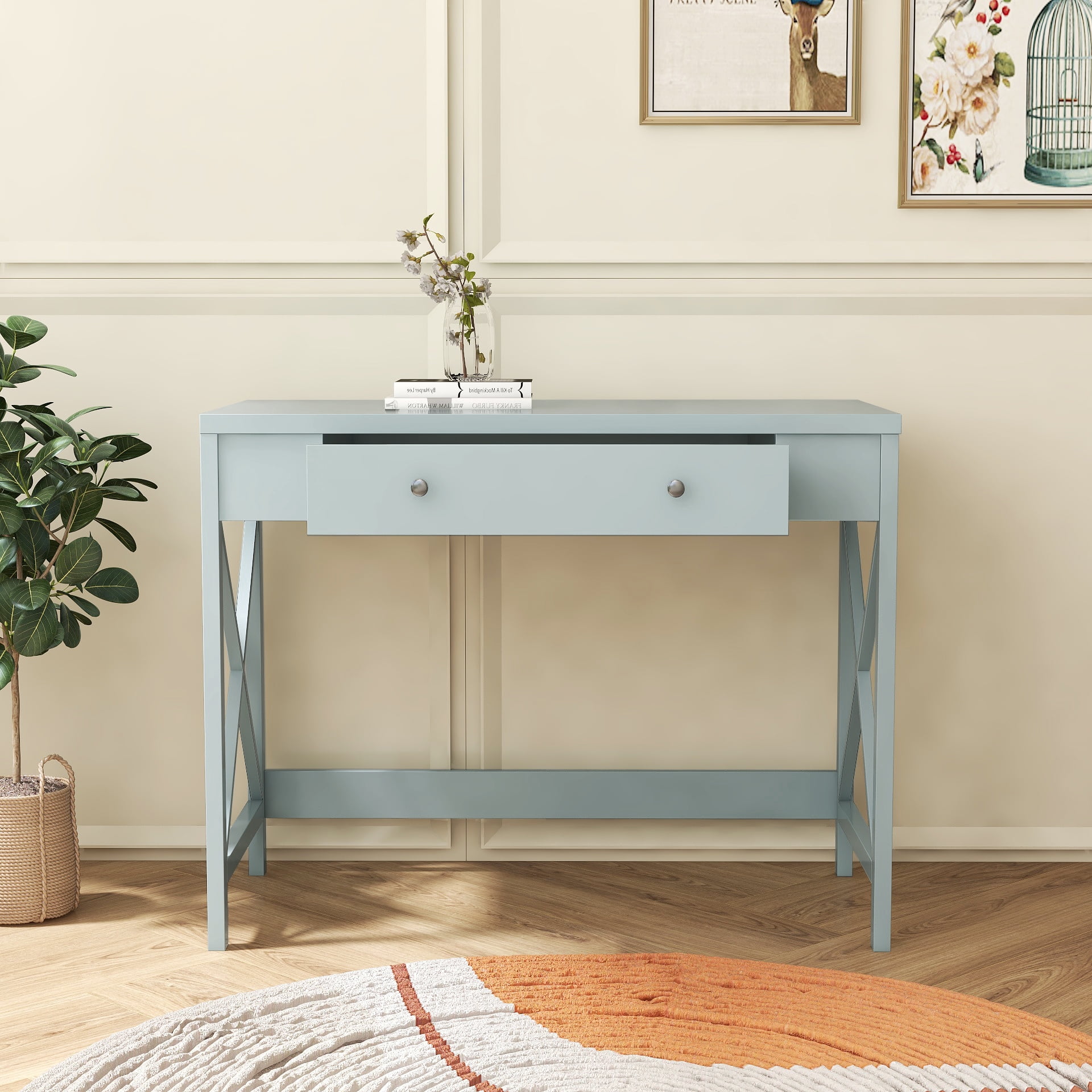 Resenkos Modern Accent Makeup Vanity Dressing Table with Storage Drawer, Study Writing Desk for Home Office, Grey Resenkos Modern Accent Makeup Vanity Dressing Table with Storage Drawer, Study Writing Desk for Home Office, Grey