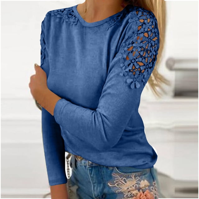 UANWENN T-Shirt à Manches Longues Col Rond Couleur Unie Couture Creuse Léger pour Entraînement T-Shirts à Manches Longues pour Femmes Coupe Décontractée Haut Manches Longues Polyester