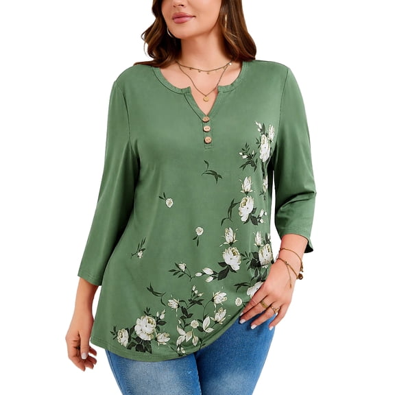 SHOWMALL Plus Size Floral Tops for Women, 3/4 Sleeve Button V Neck Vacation Tunic Blouse, Moss Green Cascading Floral, Size 3X
