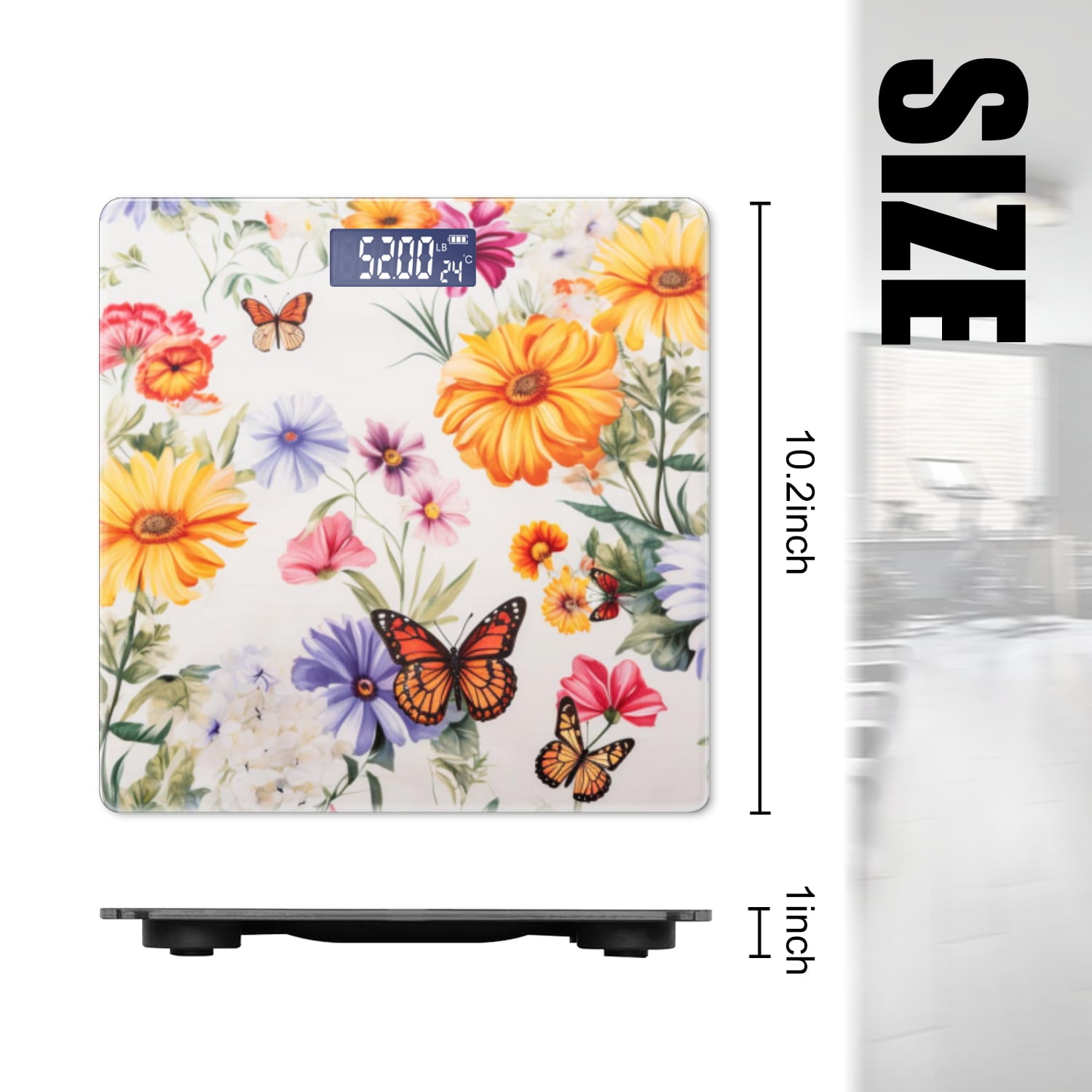 Bathroom Scale, Highly Accurate Digital Body Scale,Precisely Measures Weight up to 400 lbs-Beautiful Summer Flowers And Butterflies On White Background