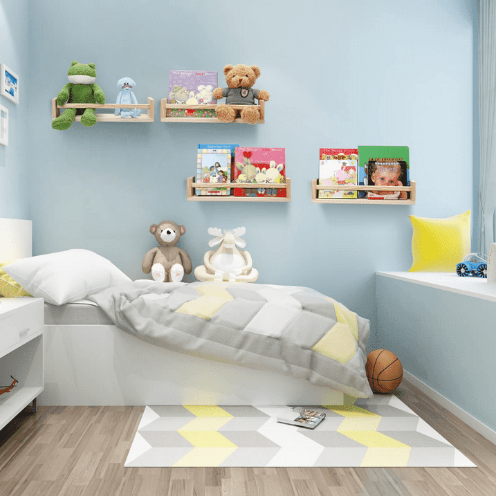 DICEEVIL 4PCS Wood Nursery Book Shelves Wall Mounted, Floating Bookshelf for Kids Room Decor, Toys and Books Storage Organizer Shelves for Child Bedroom Bathroom Kitchen