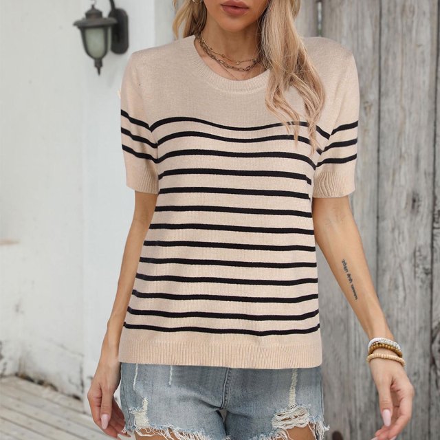 mfyjkho Tops Para Salir, Top Informal De Manga Corta A Rayas Con Cuello Redondo A La Moda Para Mujer Tops Para Hacer Ejercicio L