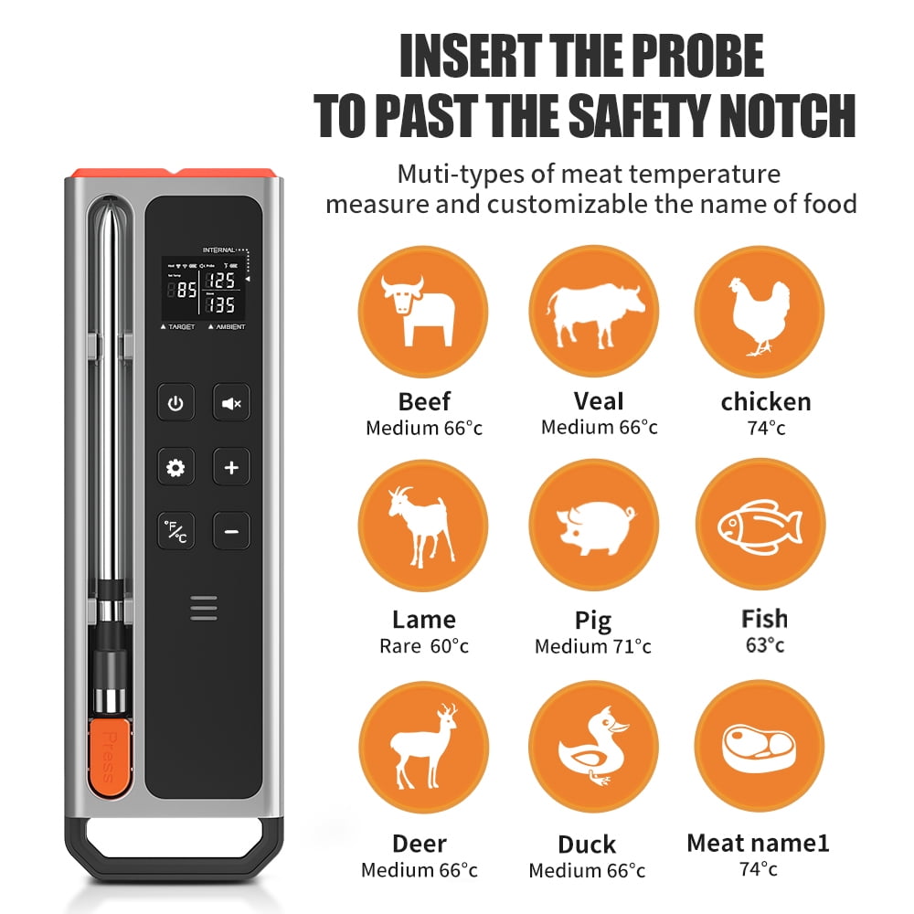 Intelligent wireless meat thermometer, with ultra-thin probe, application and host control, precision Bluetooth meat thermometer, suitable for ovens and barbecues (beef, mutton, Turkey)