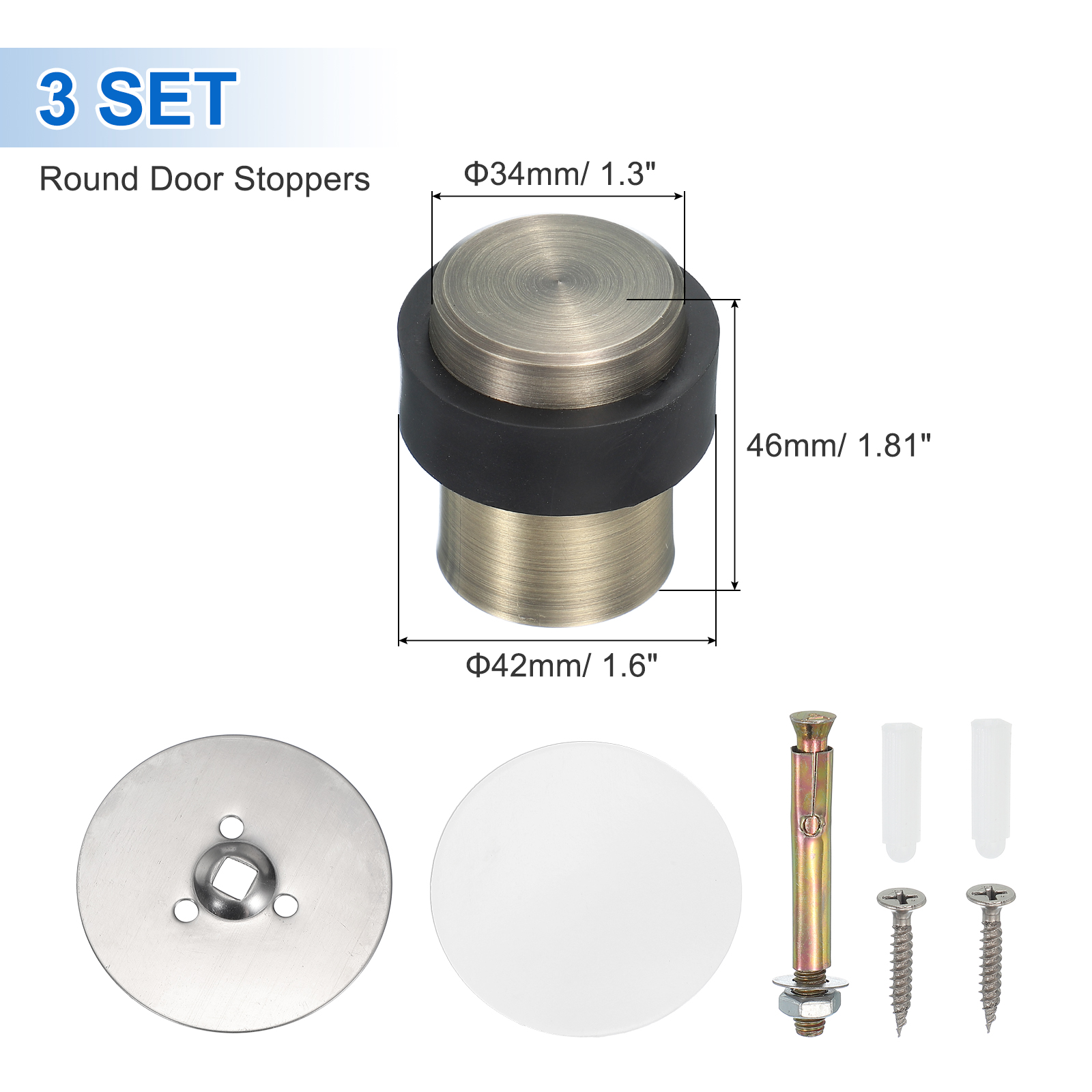 3Set Round Door Stoppers, 46mm Stainless Steel Door Stop Doorstop Wedge Metal Cylinder Self Adhesive with Screw for Bottom of Door Floor Inside, Bronze