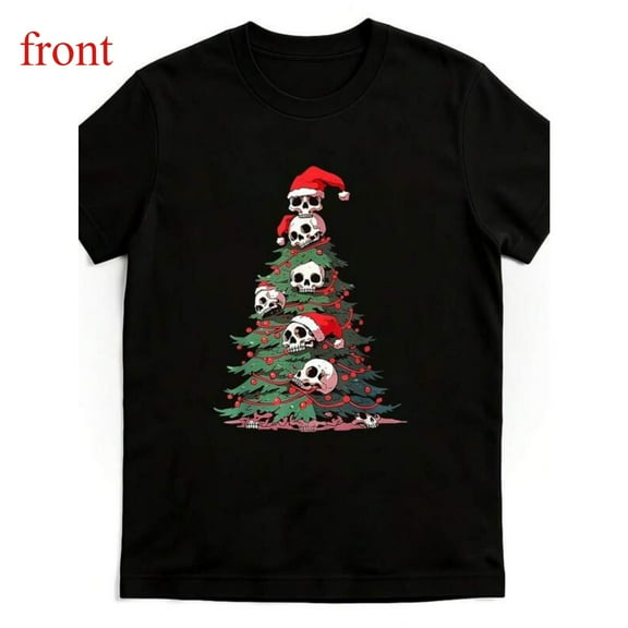 Gothic Christmas T-Shirt for Women - Spooky Santa Skull Tree Graphic Tees, Soft Breathable Crew Neck Tops, Retro Holiday Shirt, Causal，cotton，black，S-5XL
