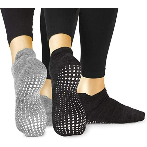 LA Active Grip Socks - 2 Pairs - Yoga Pilates Barre Ballet Non Slip Crew Hospital (Jogger Grey and Tuxedo Black with Stripe