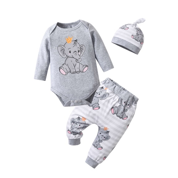 Newborn Infant Baby Boy Clothes Long Sleeve Romper Pants Headband Hat Outfits Set ( 3-6 Months, Grey)