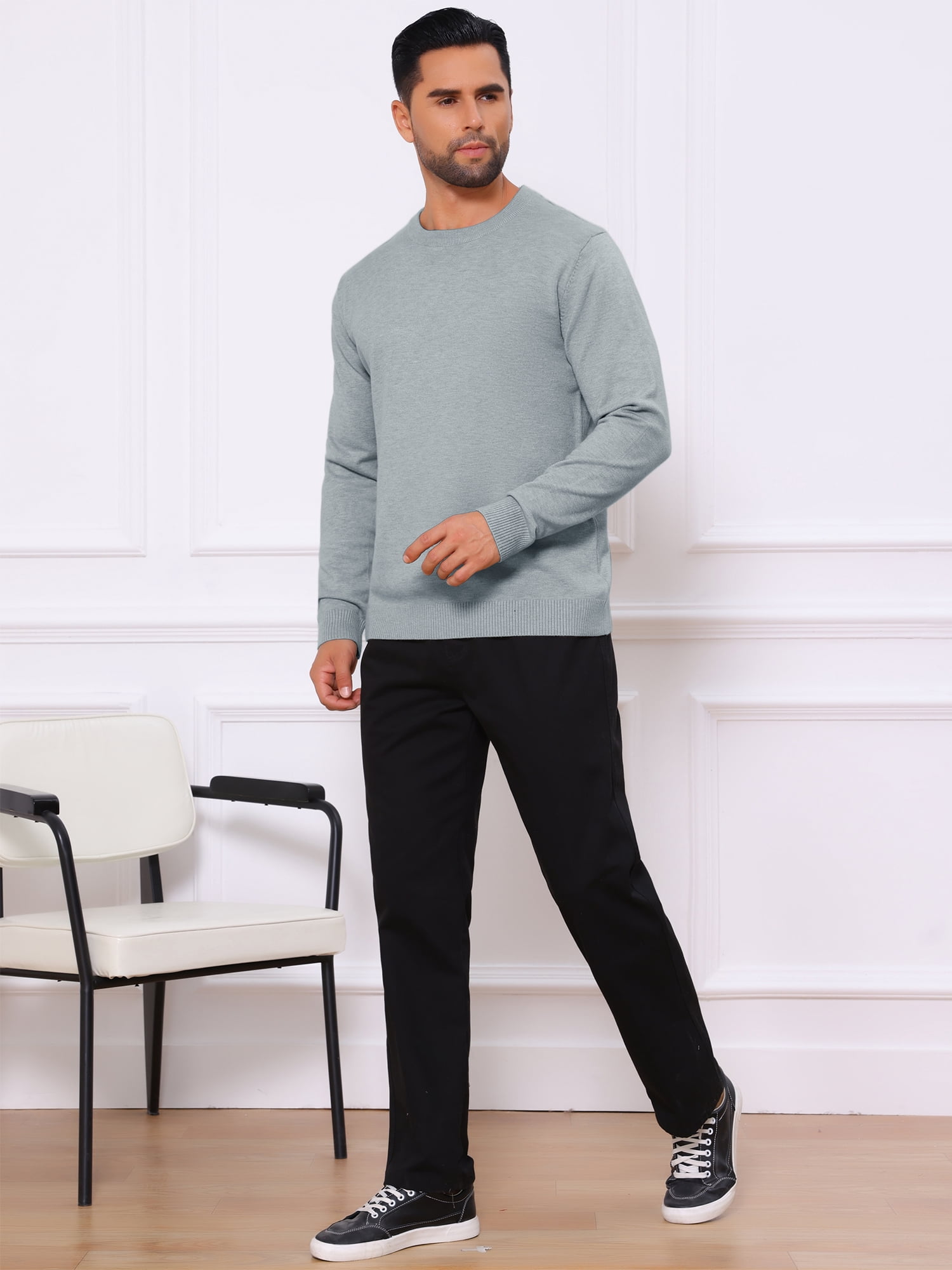 DARING DIVA Men's Solid Crew Neck Long Sleeve Soft Knit Pullover Sweater L Light Gray