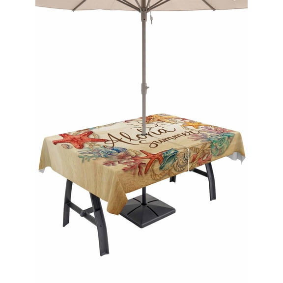 Outdoor Tablecloth with Umbrella Hole for Patio/Picnic/Party/Camping, Summer Coastal Waterproof Table Cloth Rectangle Table Cover Washable, Nautical Ocean Starfish Conch Coral Retro Brown (60"x 84")