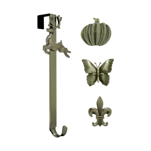 Haute Decor Adjustable Wreath Hanger with Reindeer Icon and More, Brass