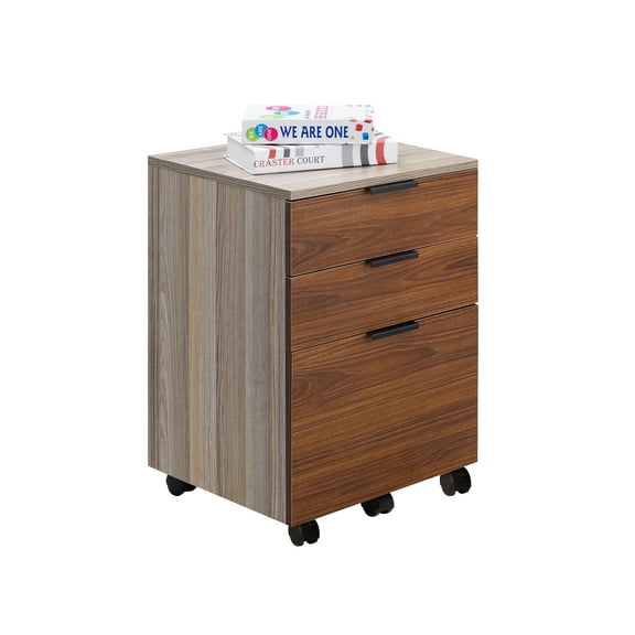 JJS 3 Drawer Rolling Wood File Cabinet with Locking Wheels for A4 or Letter Size Brown Drawer