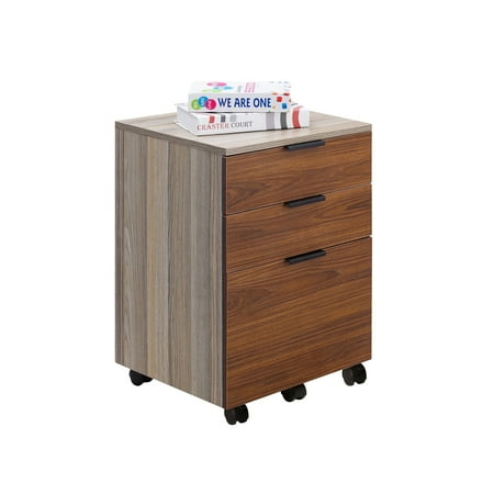 JJS 3 Drawer Rolling Wood File Cabinet with Locking Wheels for A4 or Letter Size Brown Drawer