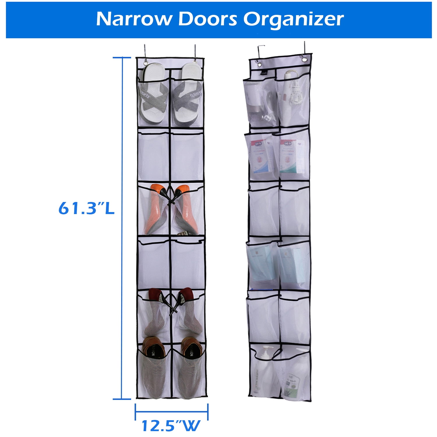 MISSLO Over The Narrow Door Shoe Organizer with 12 Crystal Pockets Hanging  Closet Door (2 Packs, White)