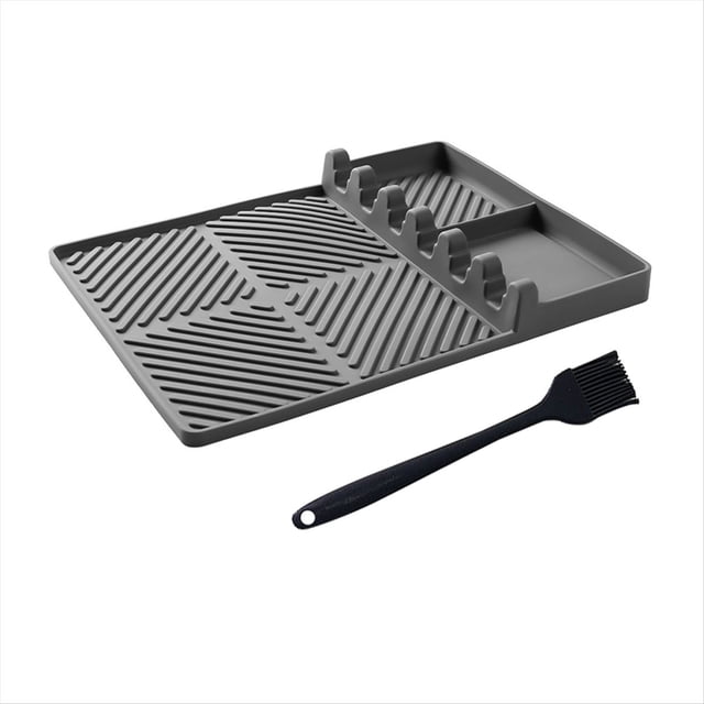 Tapete de silicona para parrilla, espátula y utensilios de repostería para encimera de cocina exterior, color gris.