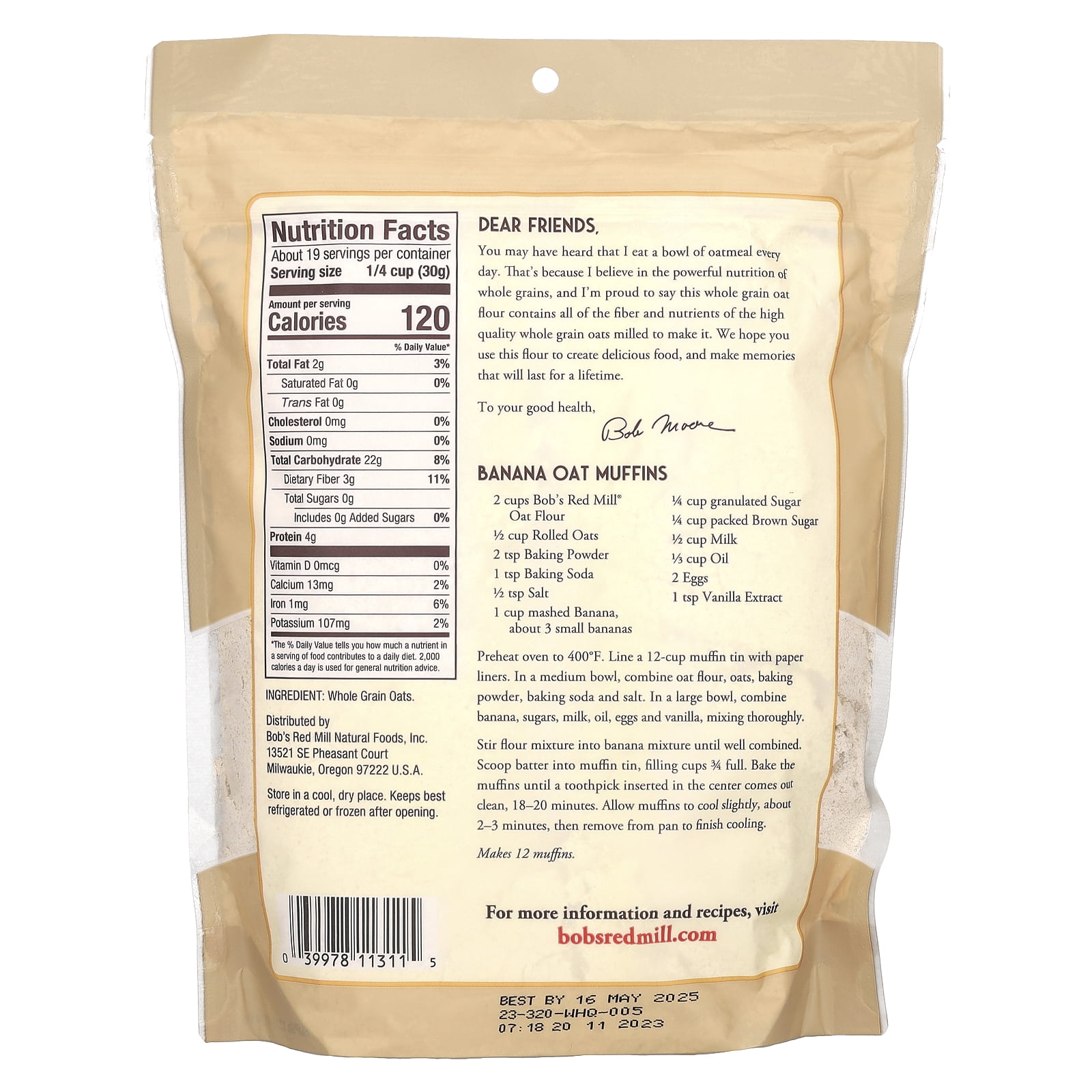 Bob's Red Mill Whole Grain Oat Flour, 20 oz