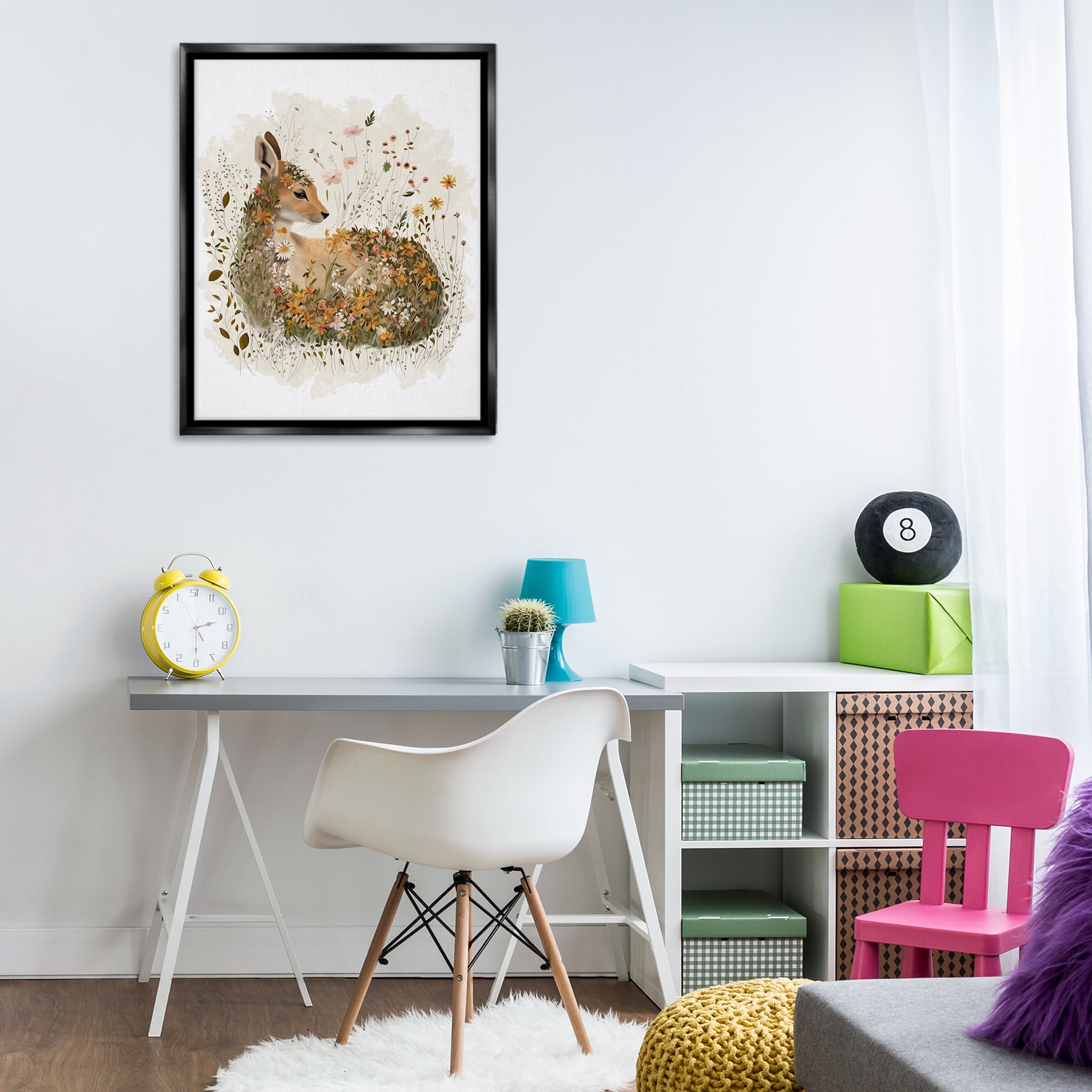 Stupell Industries Daisy & Wildflower Fawn Animals & Insects Painting Black Floater Framed Canvas Art Print Wall Art, 25 x 31