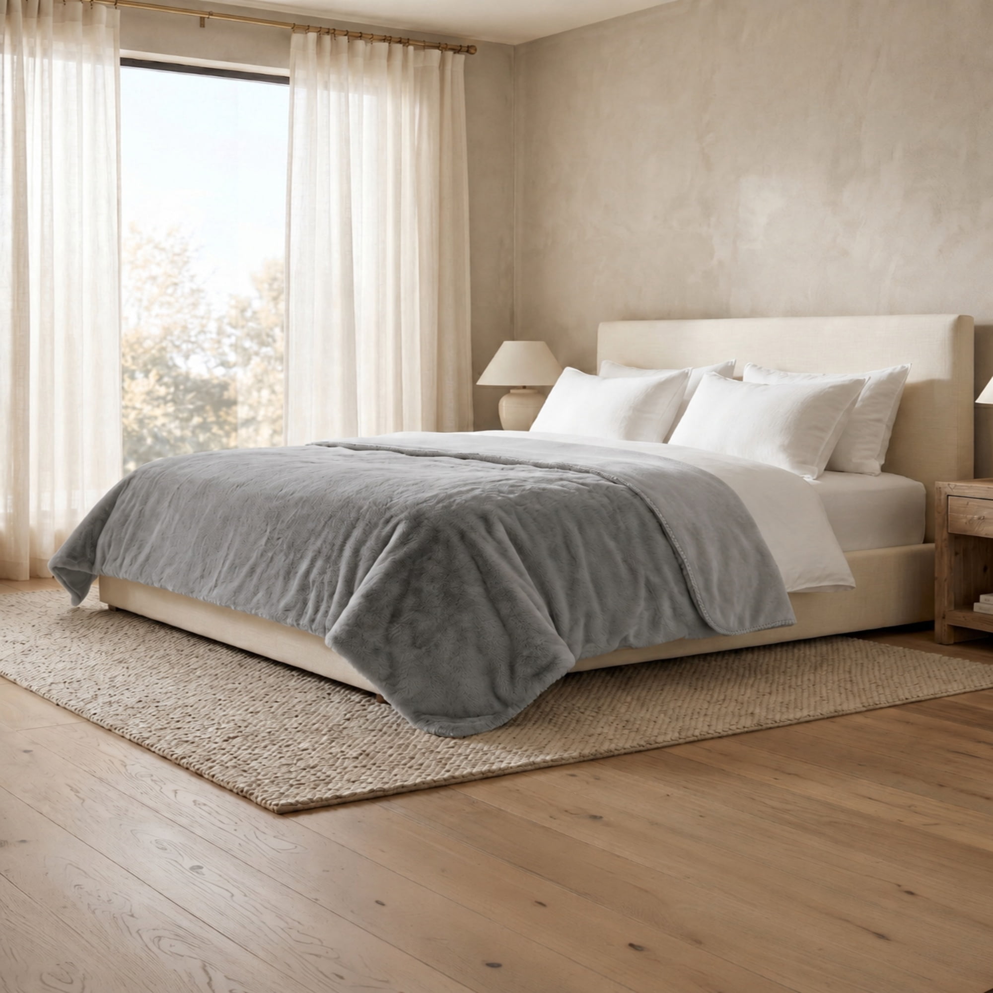 Cozy Haven Luxury Reversible Faux Fur Bed Blanket, Grey, Queen, 90 x 92 in