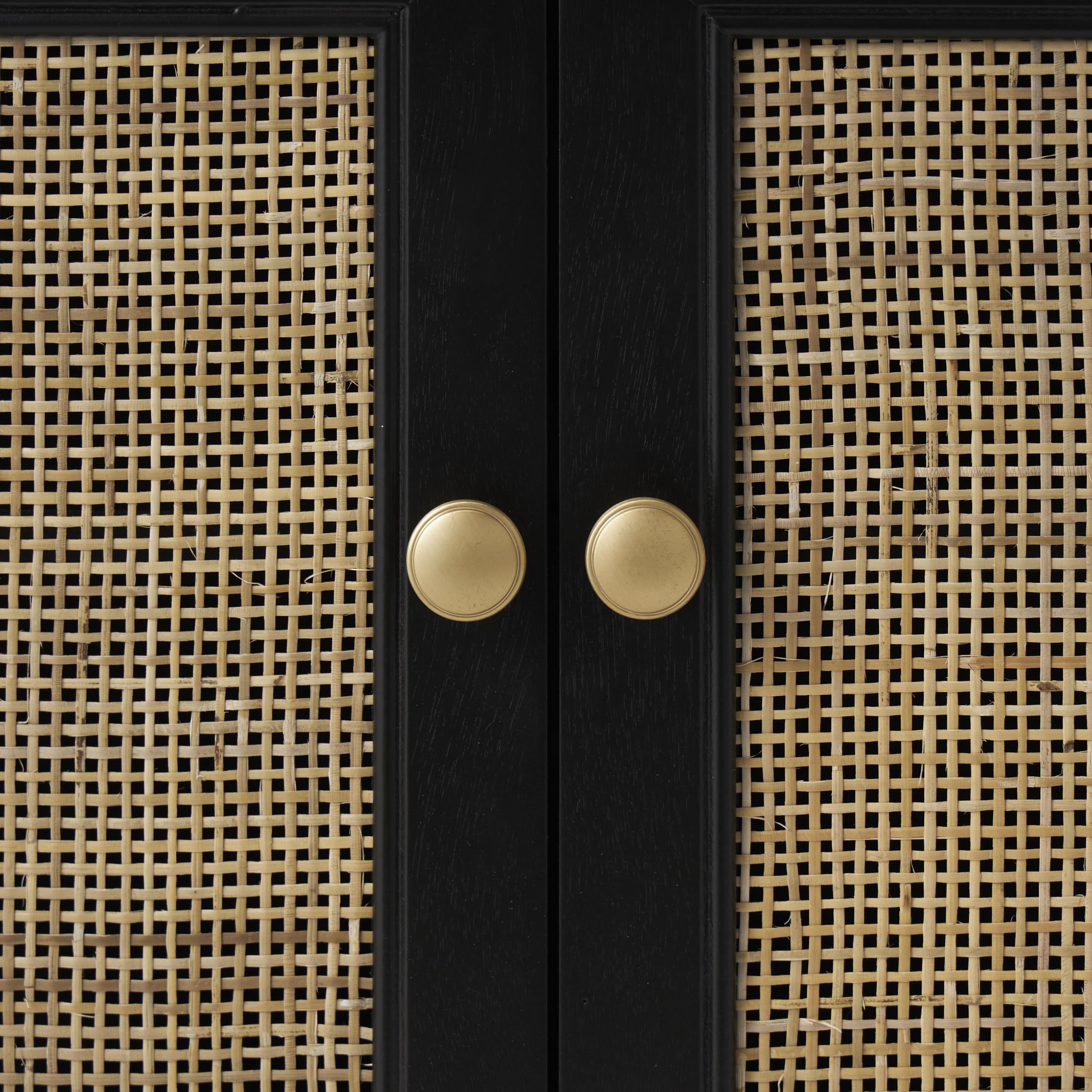 DecMode 30" x 26" Black Wood Handmade 2 Door and 2 Drawer Cabinet with Rattan Front, 1-Piece