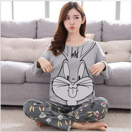 

Autumn Thin 2pieces Pyjamas Set Women Sleepwear Lovely Home Suits Round Neck Girls Teacup SleepwearLong Sleeve Pajamas