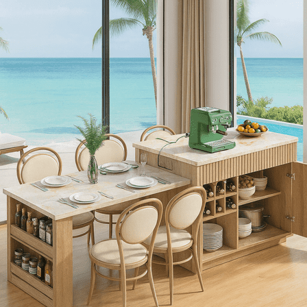 K&K 82.6" Fluted Kitchen Island with Extendable Dining Table for 4-6, Island Table for Kitchen with Power Outlet, Kitchen Table with Double-Side Storage, 2 Drawers 2 Side Open Shelves, Natural