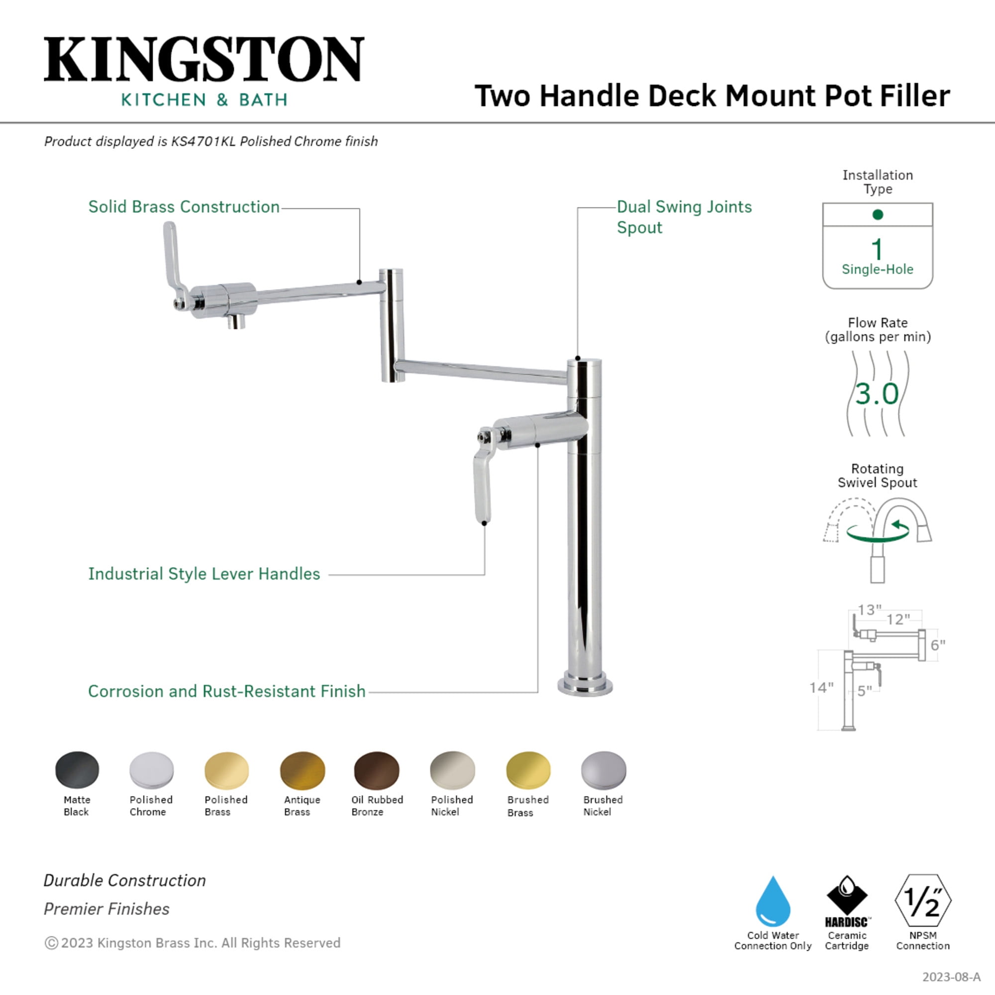 Kingston Brass KS4702KL Whitaker Deck Mount Pot Filler Faucet, Polished Brass