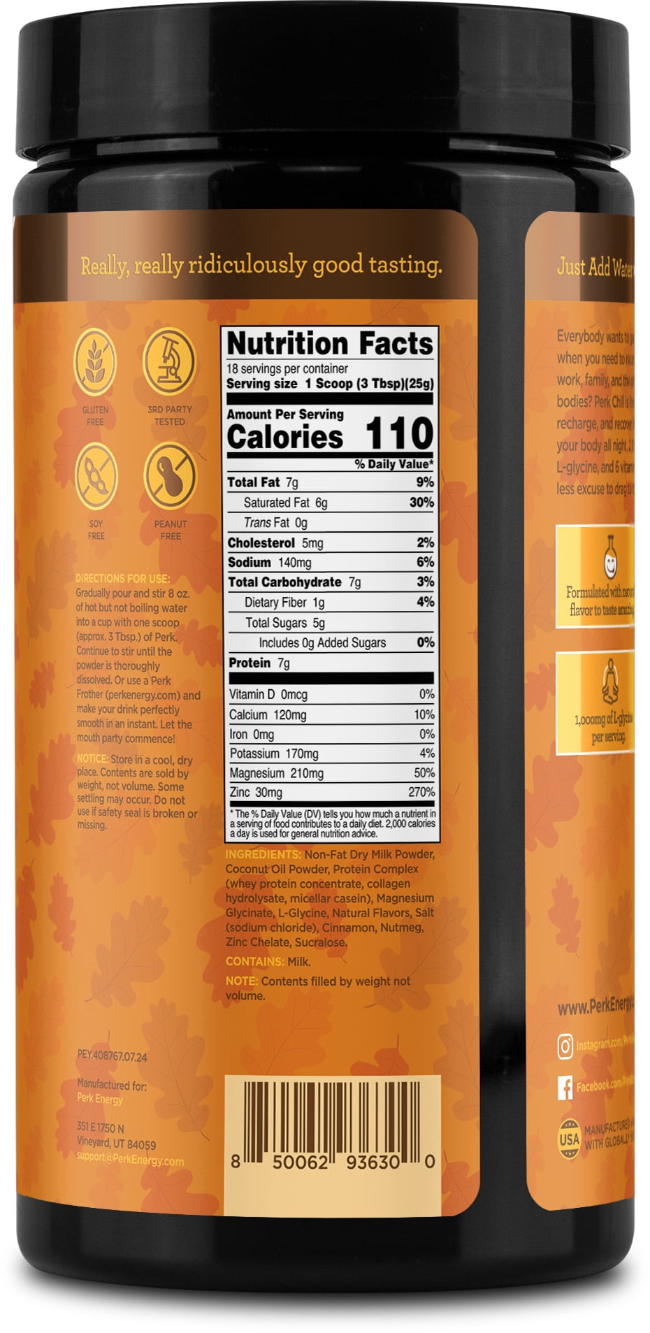 Perk Chill Drink Mix (Pumpkin Spice) 18 Servings – Calming Melatonin-Free Nighttime Sleep Aid Support with Magnesium & L-Glycine, Gluten-Free