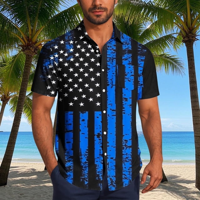 Blusa y camisa de manga corta con cuello vuelto para hombre, blusa informal de moda con cuello vuelto y estampado del Día de la Independencia, blusa de manga corta con botones para hombre, blusa de po