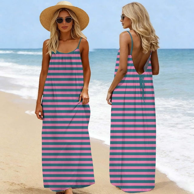 Ovbmpzd Robe Longue Dos Nu pour Femmes, Robe Caraco à Rayures, Vacances, Dos à Nouer, Bretelles Spaghetti, Robe d'Été pour Dames L